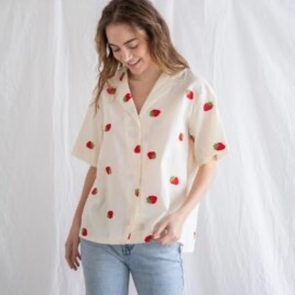 Embroidered Strawberry Womens Button Up Shirt
